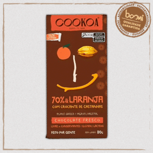 Chocolate Intenso 70% Cacau com Laranja e Crocante de Castanha Vegano Cookoa 80g